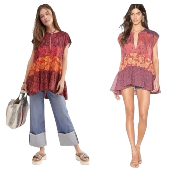 Free People Gotta Have You Tunic Cap Sleeve Flowy Red Orange Tiered Top Size XS - Picture 5 of 10